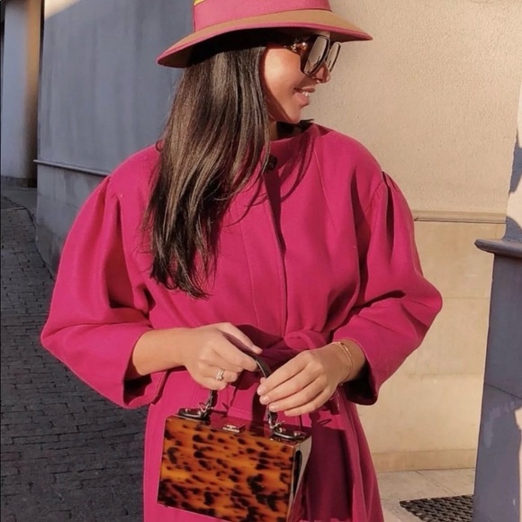 Zara puff sleeve wool blend belted coat fuchsia pink - Picture 13 of 15